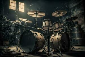 Drum kit in a grunge garage. Neural network AI generated photo