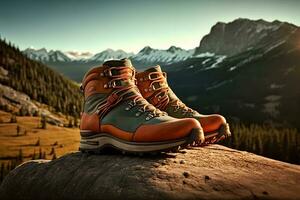 Hiking boots and beautiful natural landscape view. Neural network AI generated photo