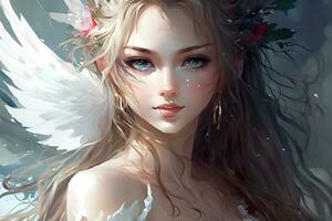 retrato de un hermosa rubia ángel niña en anime estilo. neural red ai generado foto