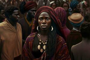 hermosa africano mujer en étnico tocados neural red ai generado foto