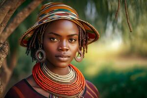 retrato de un hermosa africano mujer en étnico estilo. neural red ai generado foto