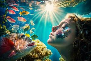 Mermaid girl swims underwater among the fish. Neural network AI generated photo