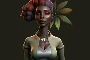 Beautiful fantasy black woman on cannabis background. Neural network AI generated photo