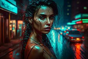 Cinematic night portrait of girl and neon lights. Neural network AI generated photo