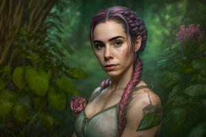 Beautiful woman with long braids in the forest. Neural network AI generated photo