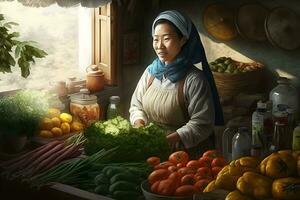 Beautiful Asian woman sells vegetables. Neural network AI generated photo