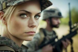 Pretty female soldier portrait. Neural network AI generated photo