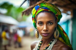retrato de un hermosa africano mujer. neural red ai generado foto