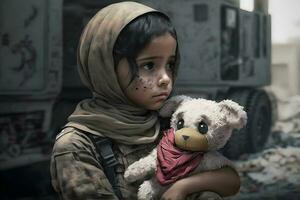 Little girl with a teddy bear during the war. Evacuation children. Neural network AI generated photo