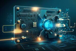 A board with chips and a gaming graphics card processor. Progressive cooling system for the video chip, processor and memory. Computer Details. Neural network AI generated photo