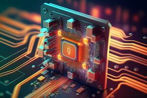 A board with chips and a gaming graphics card processor. Progressive cooling system for the video chip, processor and memory. Computer Details. Neural network AI generated photo