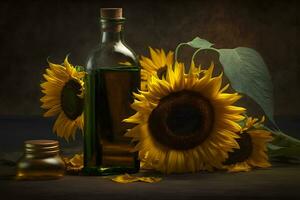 Rural still life sunflower oil in bottle with flowers of sunflower Helianthus annuus in dark light. Neural network AI generated photo