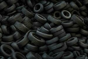 Old used car tires. A pile of black tires, abstract background. Neural network AI generated photo