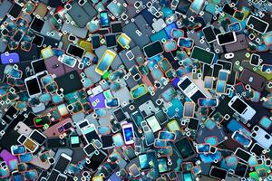 Abstract background from many smartphones. mobile phone recycling. Neural network AI generated photo