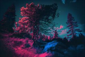 Beautiful winter forest at night and northern lights. Neural network AI generated photo