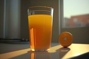 Glass of fresh orange juice with fresh fruits on wooden table. Neural network AI generated photo
