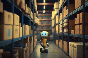 Innovative industry robot working in warehouse for human labor replacement . Concept of artificial intelligence for industrial revolution. Neural network AI generated photo