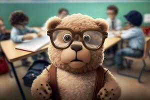 Teddy bear as a student at school. Back to school. Neural network AI generated photo