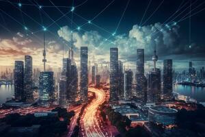 Smart city and abstract dot point connect with gradient line and aesthetic Intricate wave line design, big data connection technology concept. Neural network AI generated photo