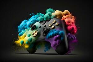 Game joystick on colorful splash background. Neural network AI generated photo