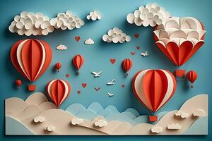 Hot air balloon, space elements shapes cut from paper. Creative concept for banner, landing, background designs. Neural network AI generated photo