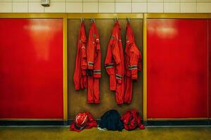 Locker room of a fire department with protection uniforms and helmets. Neural network AI generated photo