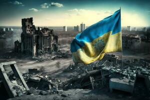 Flag of Ukraine and destroyed building. War concept. Neural network AI generated photo