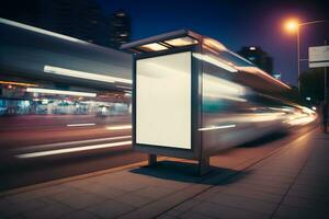 blanco publicidad ligero caja en autobús detener, Bosquejo de vacío anuncio cartelera en noche autobús estación, modelo bandera en antecedentes ciudad calle para texto. neural red ai generado foto