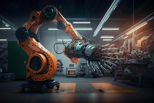 New robot setting of machine welding for the production line of vehicle industrial factory. Neural network AI generated photo