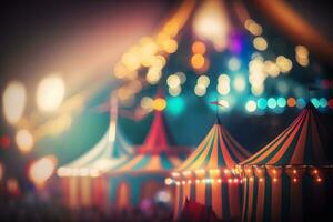 Night view of a circus tents and many light lamps with blurred background. Neural network AI generated photo