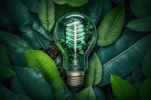 light bulb against nature on green leafs energy sources for renewable, sustainable development. Ecology concept. Neural network AI generated photo