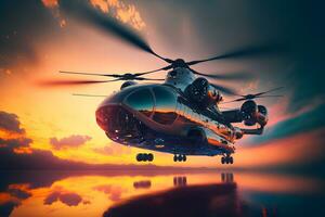 Modern futuristic army helicopter transport in city center. Neural network generated art photo