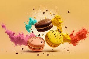 Colorful macarons with sugar powder explosion moment on orange background. Neural network generated art photo