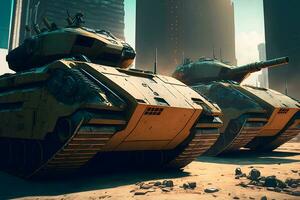 Modern futuristic battle tank with turret and cannon in city center. Neural network generated art photo