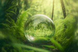 Crystal ball on green grass with reflection of green vegetation inside. Neural network generated art photo