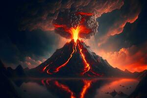 noche fantasía paisaje con resumen montañas y isla en el agua, explosivo volcán con ardiente lava. neural red generado Arte foto