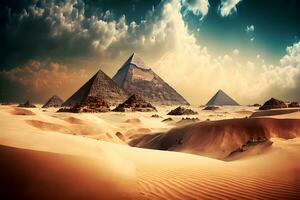 genial pirámides desde giza, Egipto en soleado tiempo de día. neural red generado Arte foto