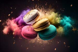 Colorful macarons with sugar powder explosion moment on black background. Neural network generated art photo