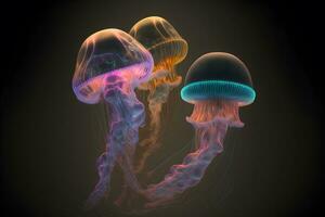 Group of clear glowing neon color light jelly fish in deep dark water. Neural network generated art photo