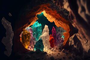 Beautiful wild crystal stalactites and stalagmites in cave. Neural network generated art photo