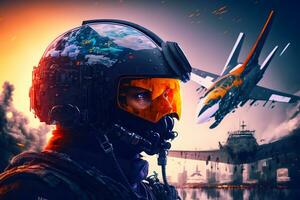 Modern futuristic destroyer jet pilot in helmet. Neural network generated art photo