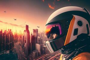 Modern futuristic destroyer jet pilot in helmet. Neural network generated art photo