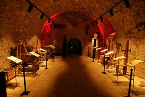 TERNOPIL, UKRAINE - AUGUST 23, 2023 The museum of tortures on territory of Zbarazh ancient castle in underground cellar photo
