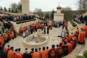 TERNOPIL, UKRAINE - APRIL 2, 2023 Many people during mission in complex of Ukrainian Jerusalem in the Mari spiritual center of Zarvanytsia In the Terebovlya district of the Ternopil photo