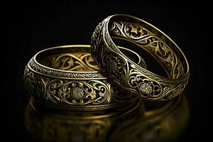 Original gold wedding rings on a dark background. Neural network AI generated photo