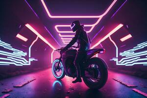 futurista motorista en un retrowave puesta de sol con un falla y alta velocidad efecto. neural red ai generado foto