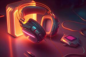 Gaming headphones and neon lighting. Neural network AI generated photo