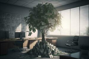 money tree in the office. Saving money and loan for business investment concept. Neural network AI generated photo