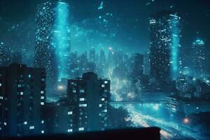 ver de el noche ciudad en azul tonos sintetizador concepto. neural red ai generado foto