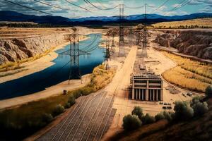 ver desde altura en hidroeléctrico poder estación. neural red ai generado foto